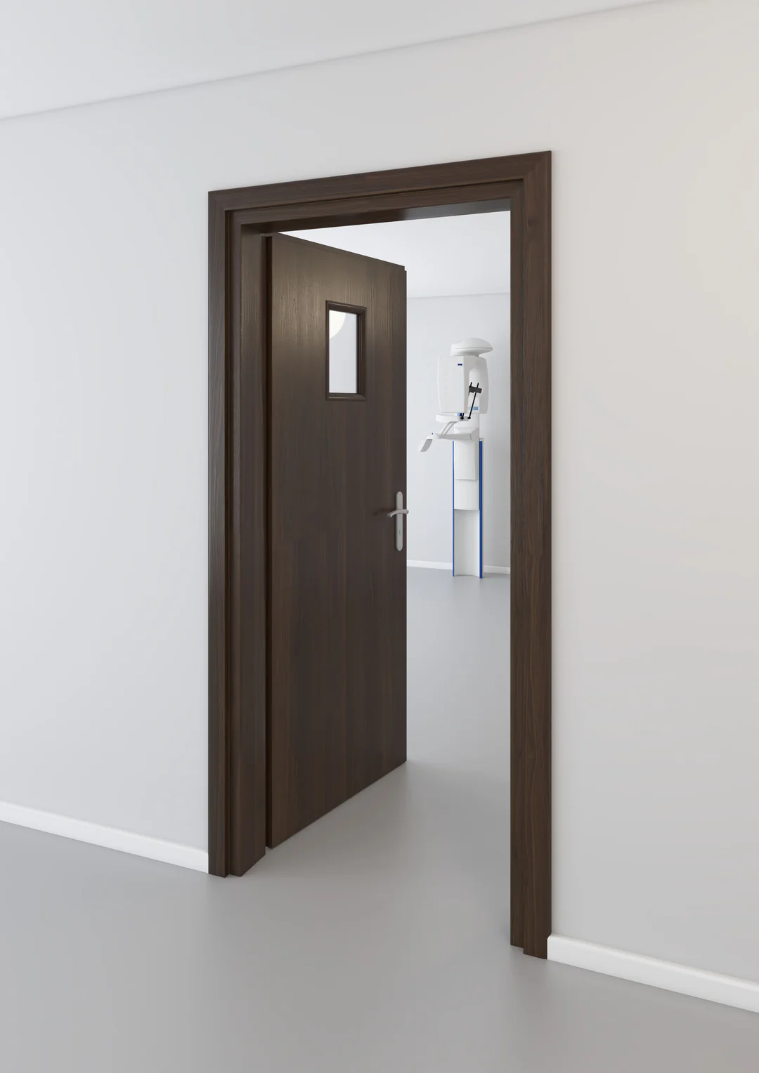 Walnut X-ray door with vision panel and matching lead casing